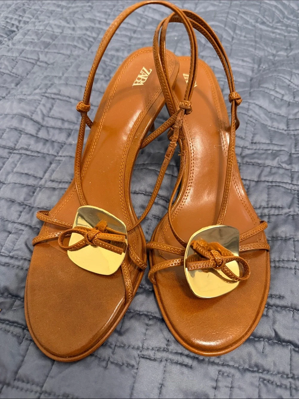 Zara Tan Leather Slingback Sandals with Gold Accent - Picture 1 of 4
